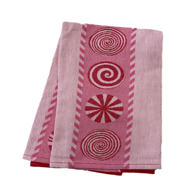 Pink and red Peppermint Jacquard Dish Towel featuring woven candy swirl patterns.