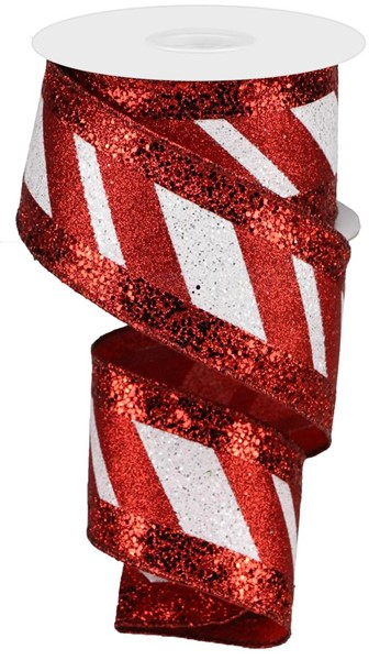 A roll of diagonal glitter stripe ribbon made from polyester.