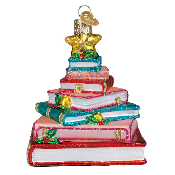Red tree-shaped ornament with white book spine detail