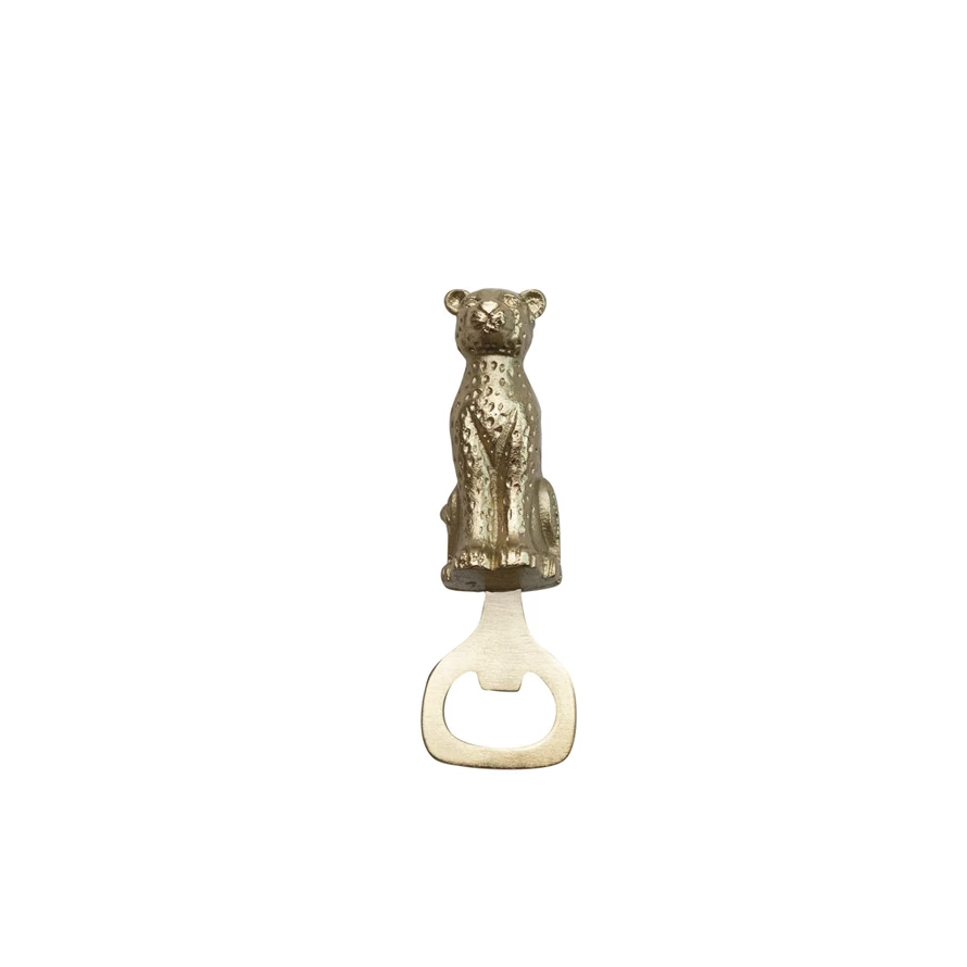 Leopard-shaped bottle opener made of stainless steel and cast aluminum with a natural metal finish.