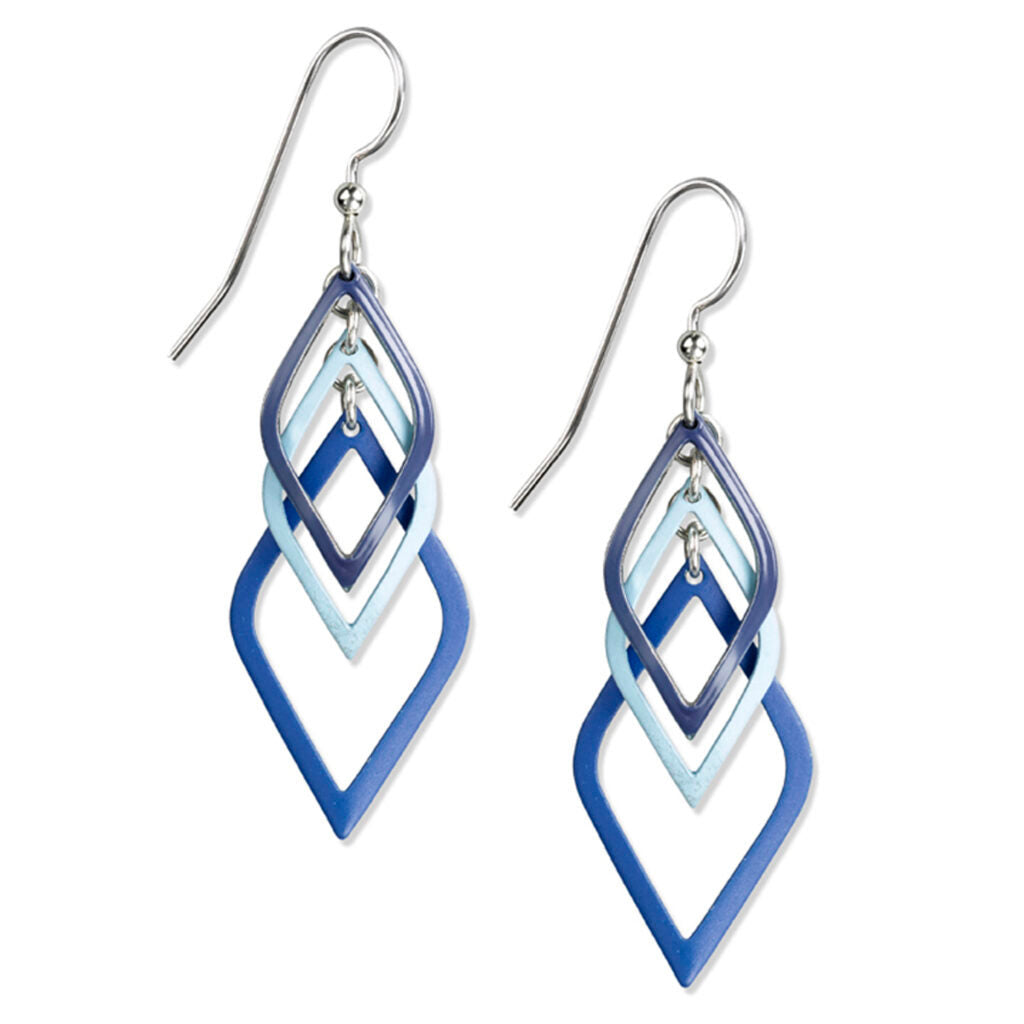 Cascading open diamond-shaped earrings in shades of blue with silver-tone surgical steel earwires.