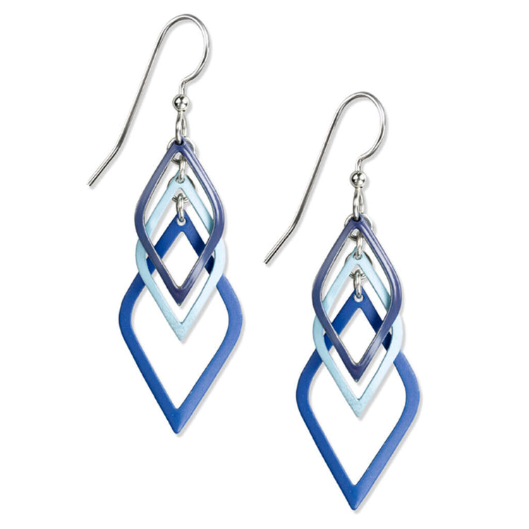 Cascading open diamond-shaped earrings in shades of blue with silver-tone surgical steel earwires.