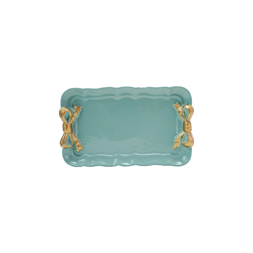 Decorative metal tray with gold finish bows in aqua color