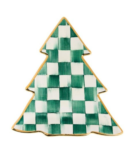 Spruce Check Tree Dish with a green and white checkered pattern and gold rim.