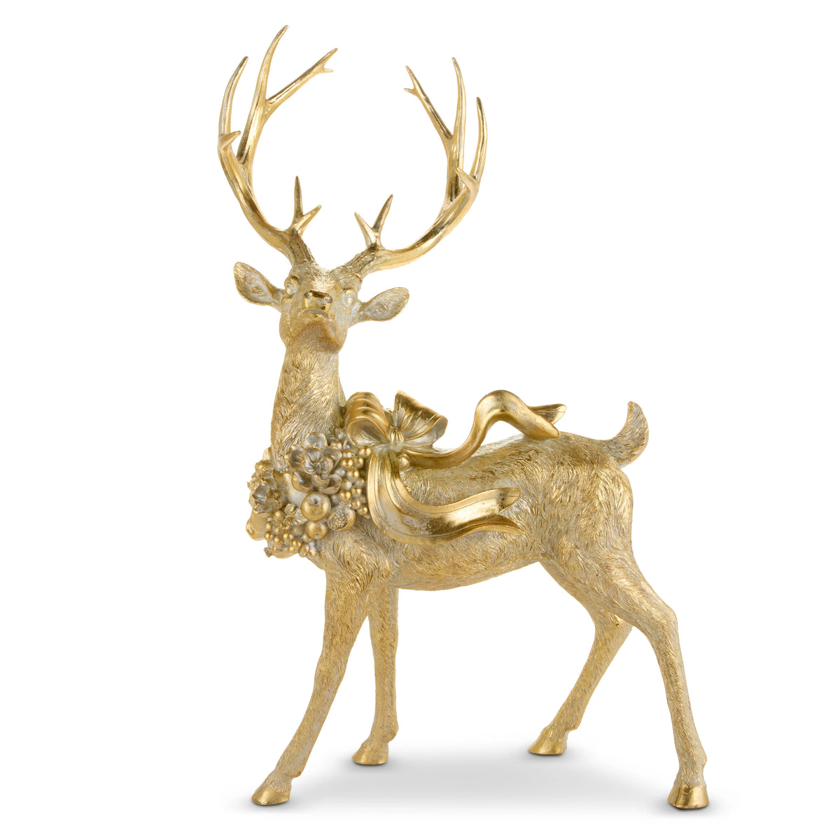 28-inch gold standing deer figurine with antlers and a decorative floral bow around its neck.