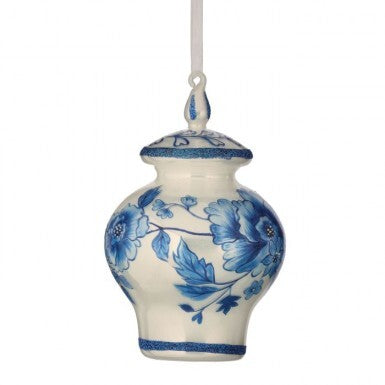 6.5-inch glass chinoiserie urn ornament with blue floral patterns on a white background.