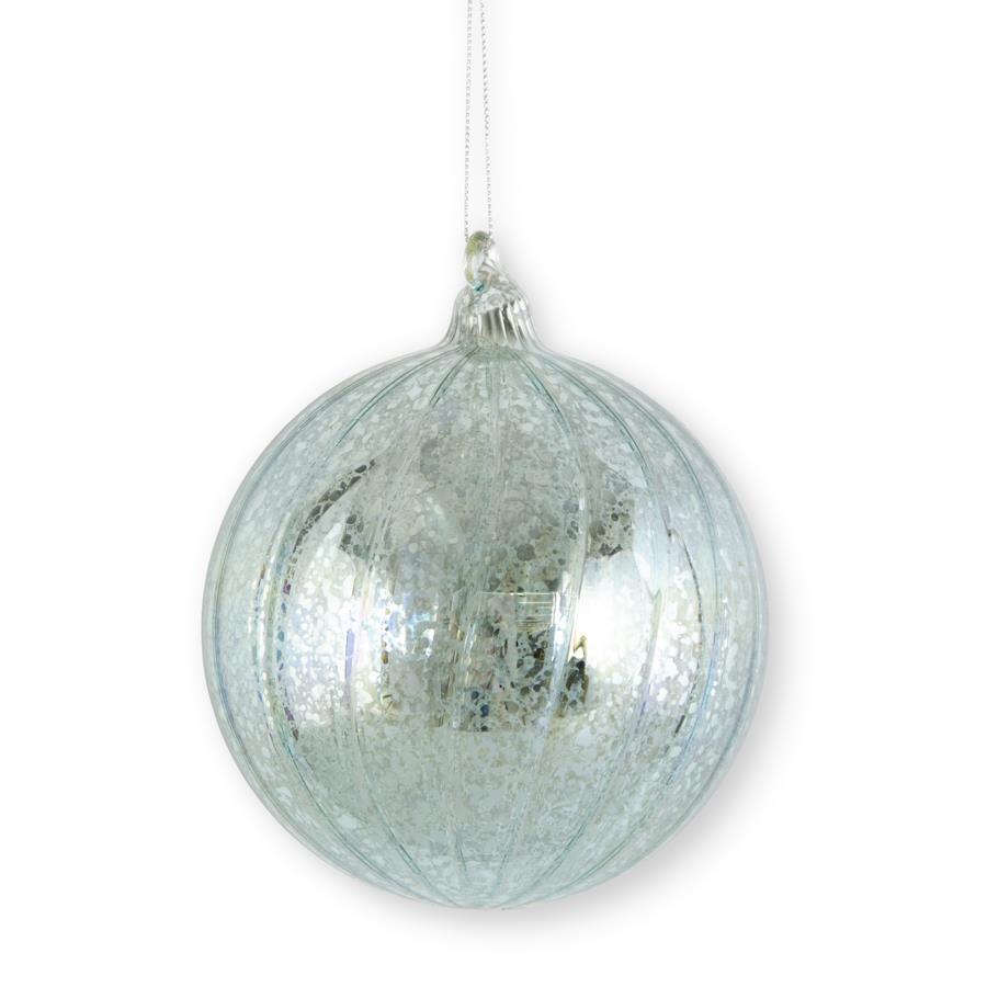 4.75 inch light blue ribbed mercury glass round Christmas ornament with silver hanging string.
