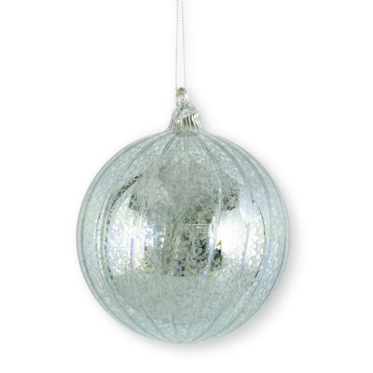 4.75 inch light blue ribbed mercury glass round Christmas ornament with silver hanging string.