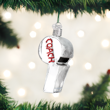 Silver whistle ornament shaped like a referee's horn with engraved text.