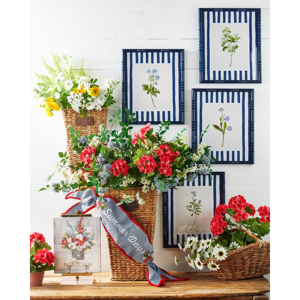 18-inch framed wall art featuring blue and white stripes with botanical floral illustrations.