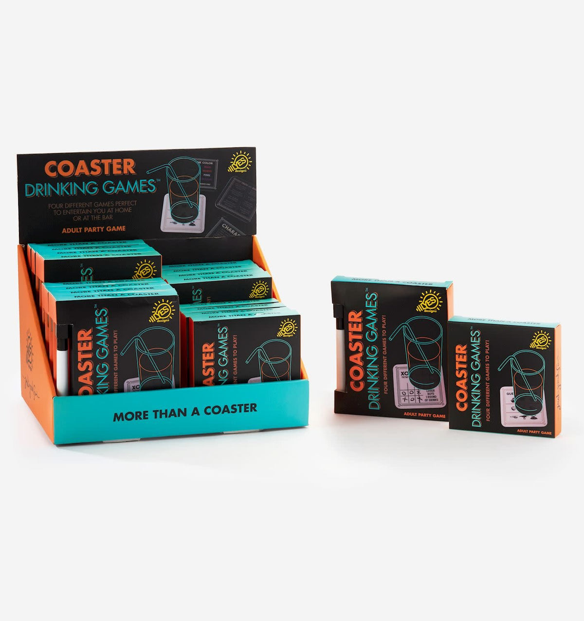 Four plastic drinking game coasters with paper inserts featuring different patterns in a cardboard box.
