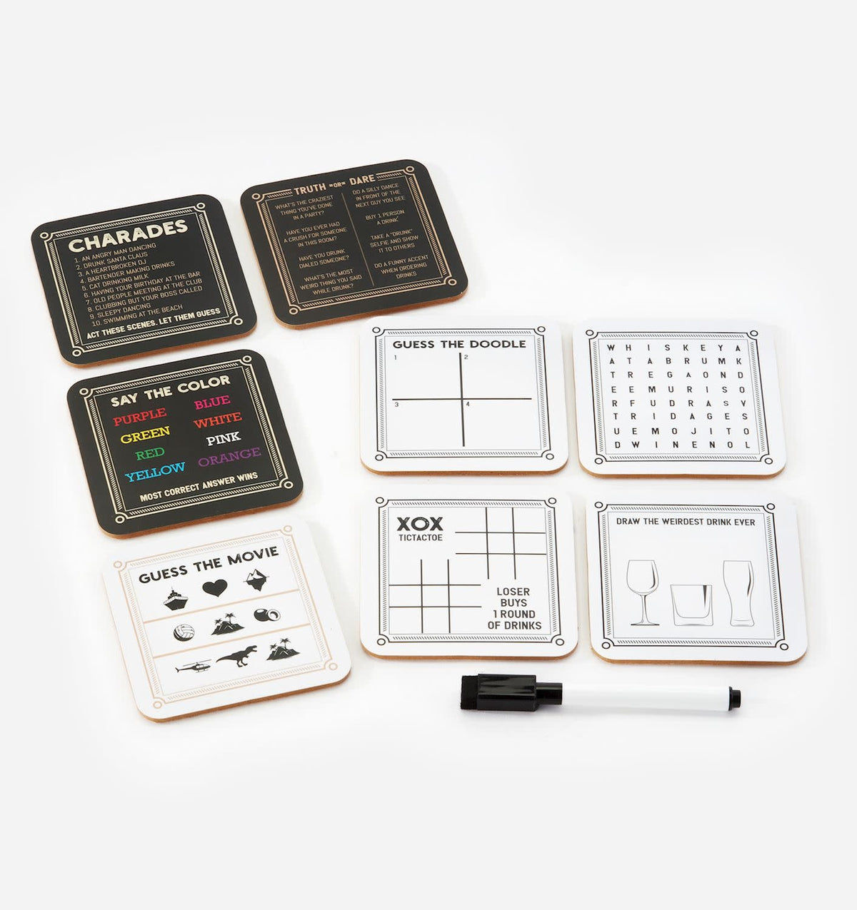 Four plastic drinking game coasters with paper inserts featuring different patterns in a cardboard box.