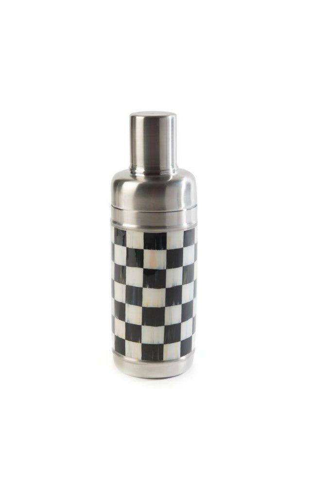 Stainless steel cocktail shaker featuring a black and white checkered pattern.