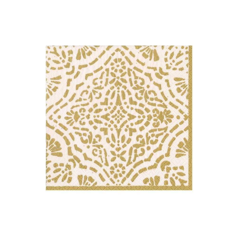 Ivory cocktail napkins with gold foil floral patterns on triple-ply material.