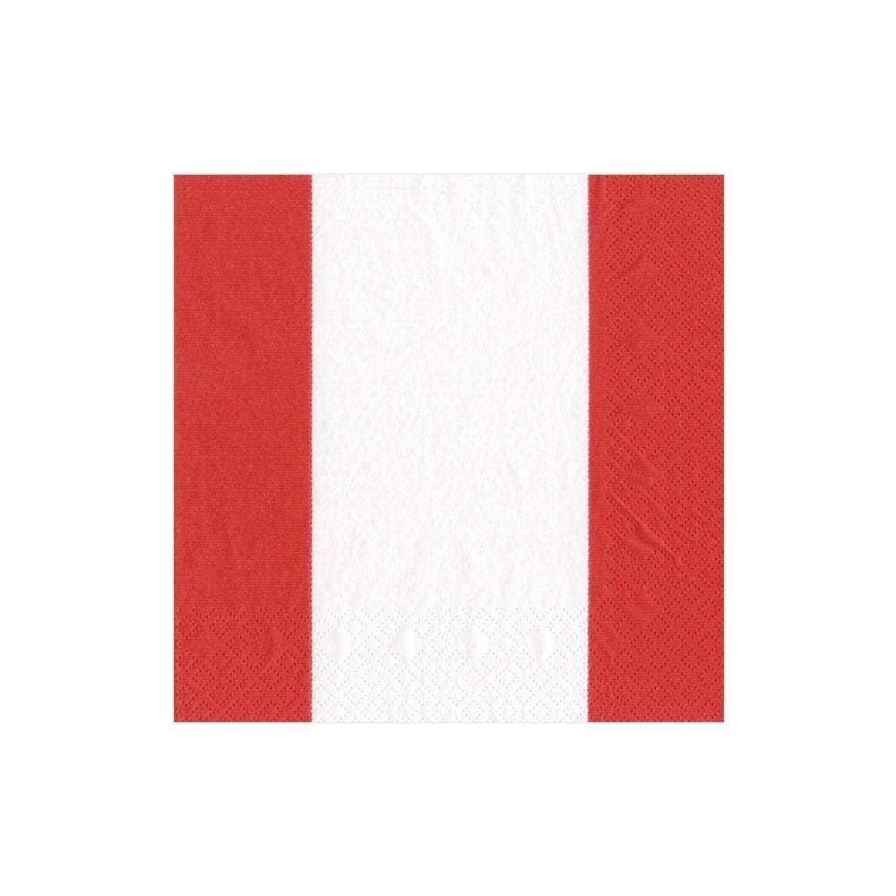 Red striped cocktail napkins made of triple-ply tissue with a bandol pattern.