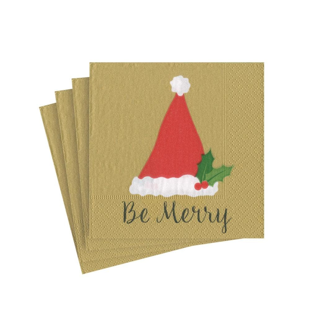Triple-ply gold cocktail napkin with festive 'Be Merry' text pattern.