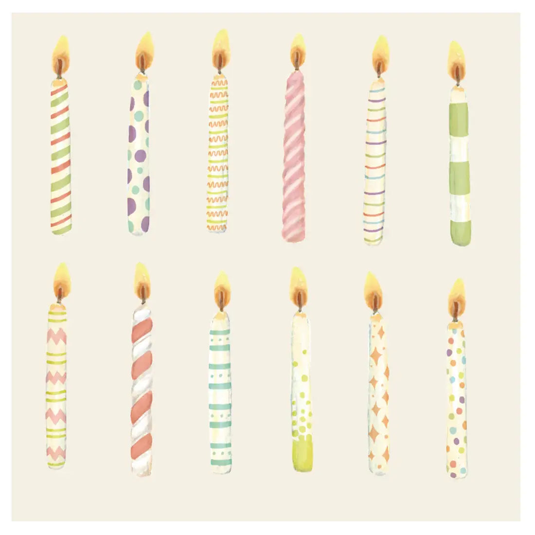 Triple-ply cocktail napkin with birthday candles artwork printed in Germany.