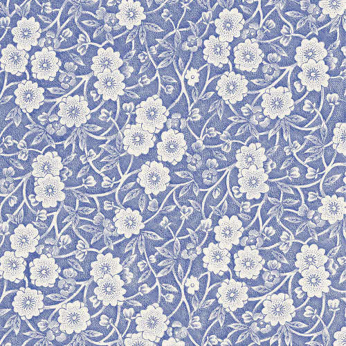 Blue calico cocktail napkin with a checkered pattern.
