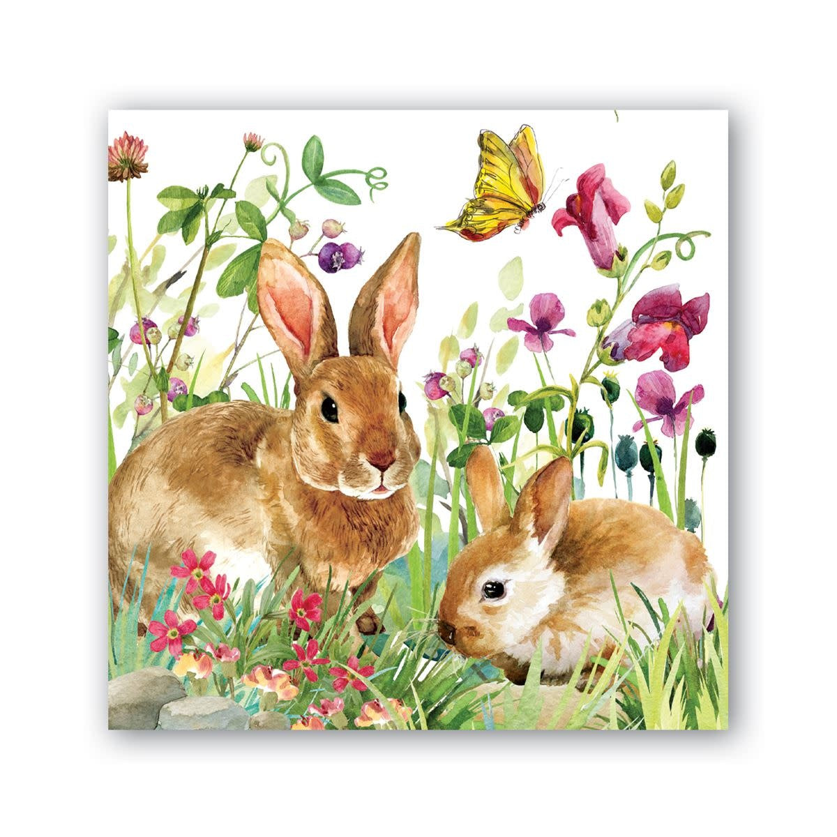 Packaged Caspari triple-ply cocktail napkins featuring a bunny meadow pattern with soft pastel colors.