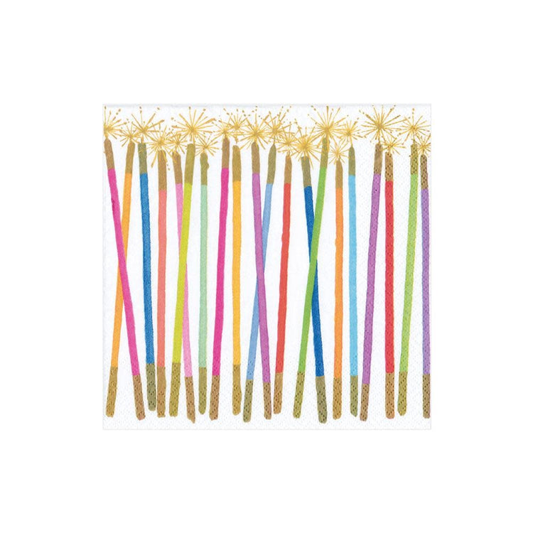 White triple-ply cocktail napkin featuring colorful party candle illustrations with a festive pattern.