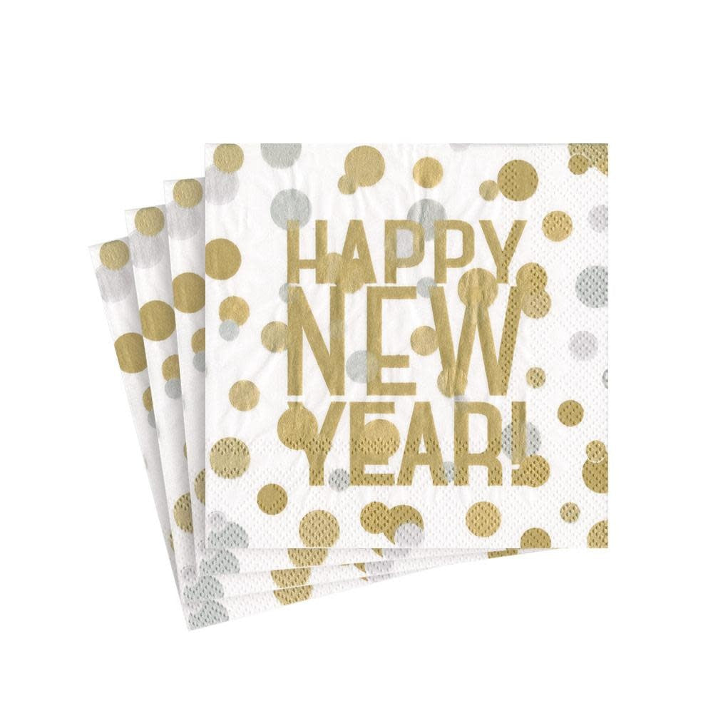 White triple-ply cocktail napkin with colorful confetti party pattern.