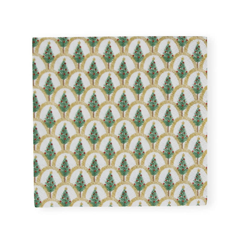 Packaged Caspari triple-ply cocktail napkins featuring a festive Christmas deco pattern with gold accents.