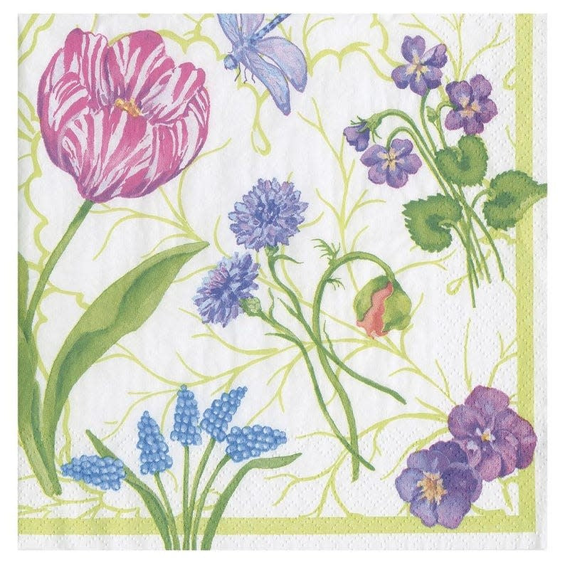 Triple-ply floral cocktail napkin with majolica print in soft pastel tones.