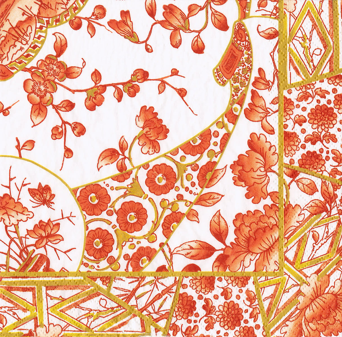 Coral cocktail napkin with gilded porcelain floral pattern on triple-ply material.
