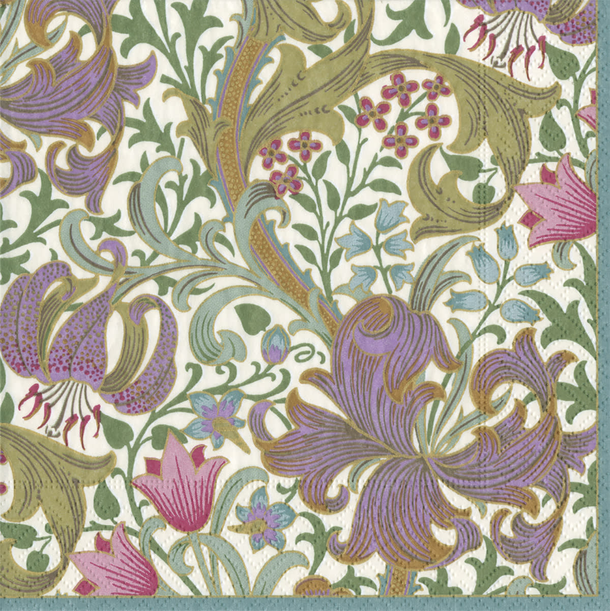Ivory cocktail napkin featuring a golden lily floral pattern on triple-ply material.