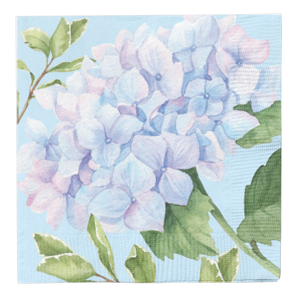 Blue cocktail napkin with hydrangea flower pattern on white background