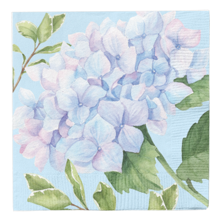 Blue cocktail napkin with hydrangea flower pattern on white background