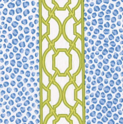 Blue-green triple-ply cocktail napkins with knot and spot pattern