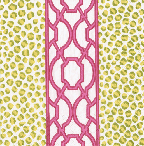 Green cocktail napkins with fuchsia knot patterns on triple-ply material.