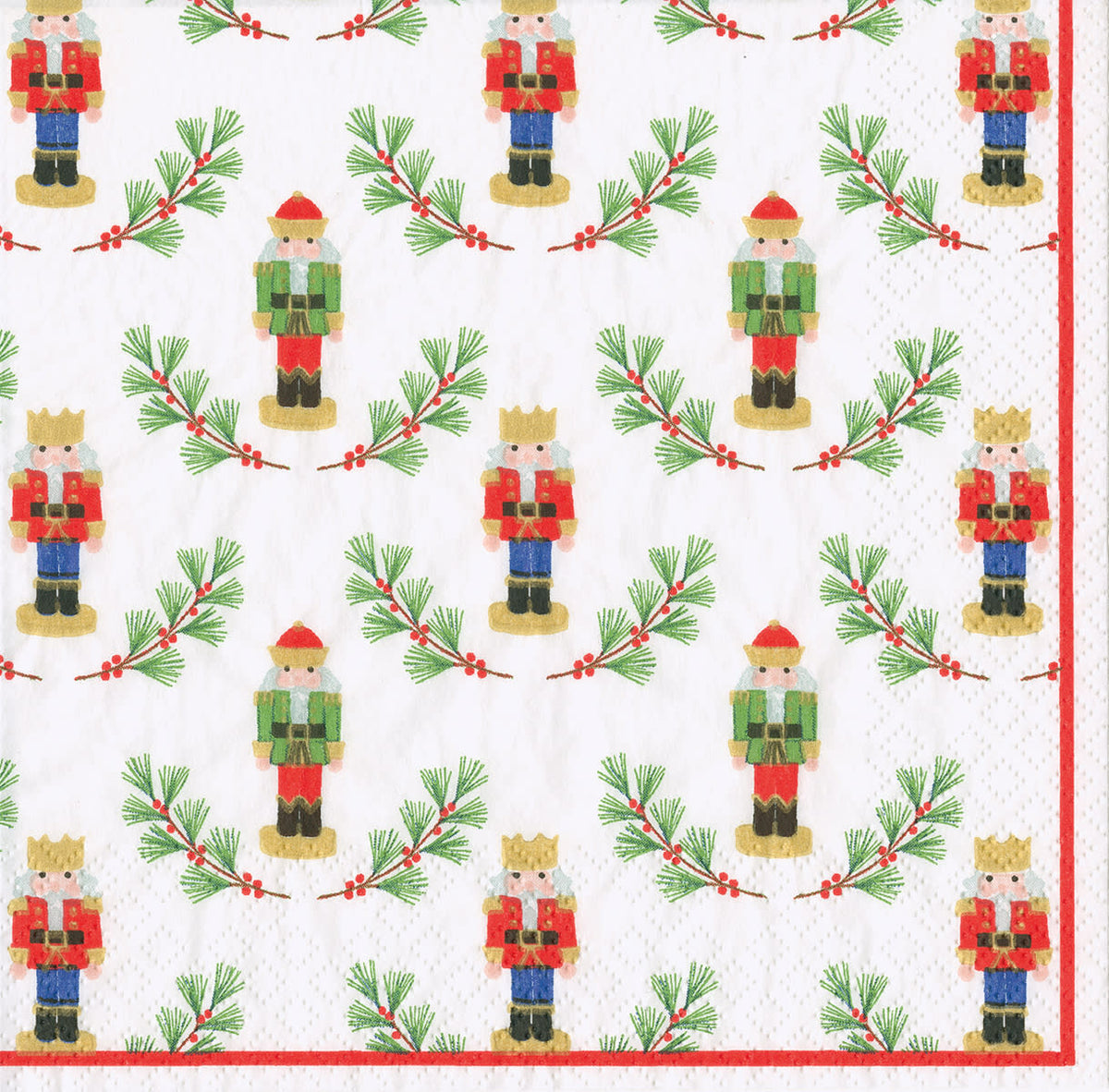 Triple-ply cocktail napkin featuring a Little Nutcracker soldier illustration in red and gold tones.