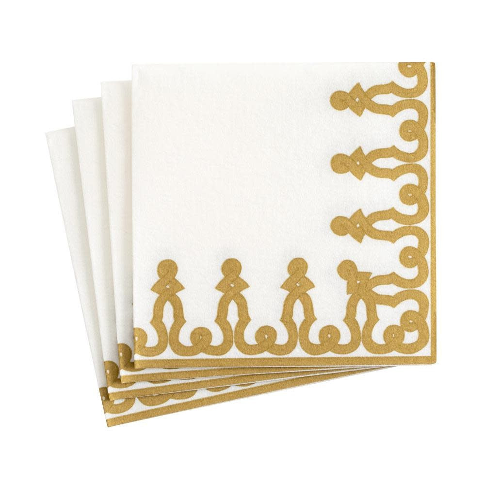 Packaged gold paper cocktail napkins with a linen texture.