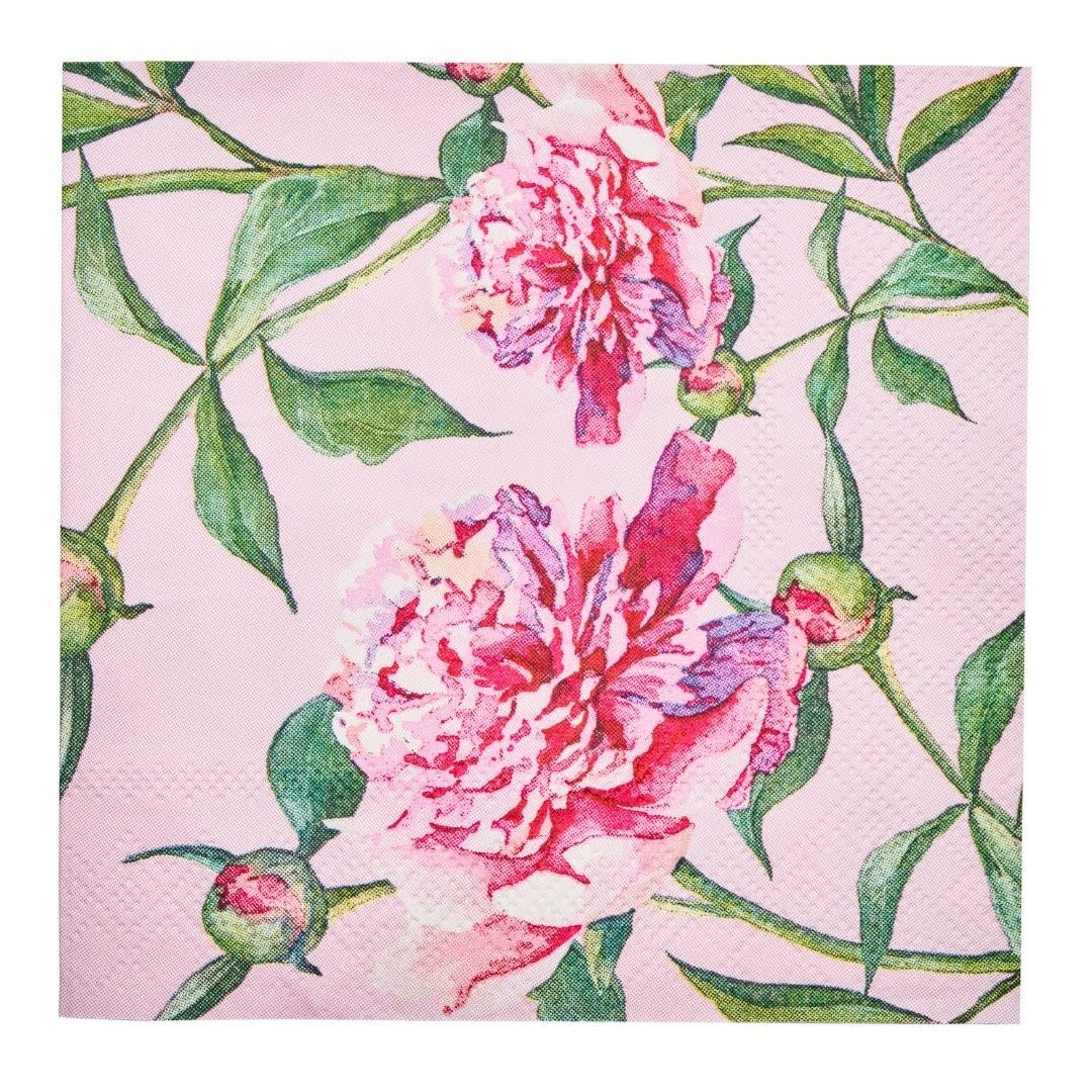 Pink peony floral cocktail napkin made from three-ply paper.
