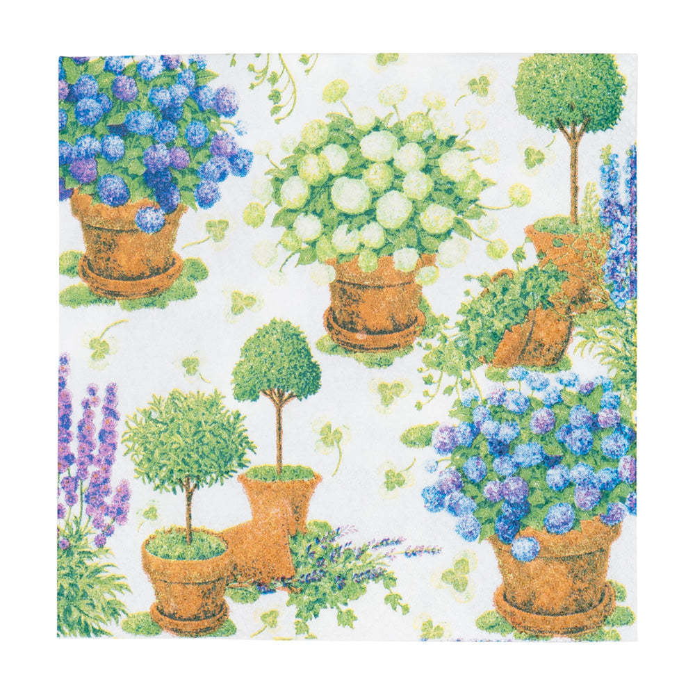 Triple-ply cocktail napkins printed with a hydrangea floral pattern in soft pink and green tones.