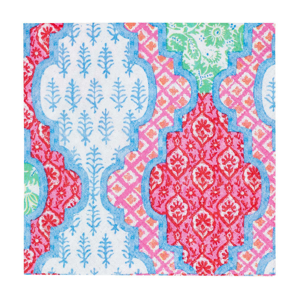 Pink multi-patterned triple-ply cocktail napkins with a provencale cotton texture and non-toxic printed design.