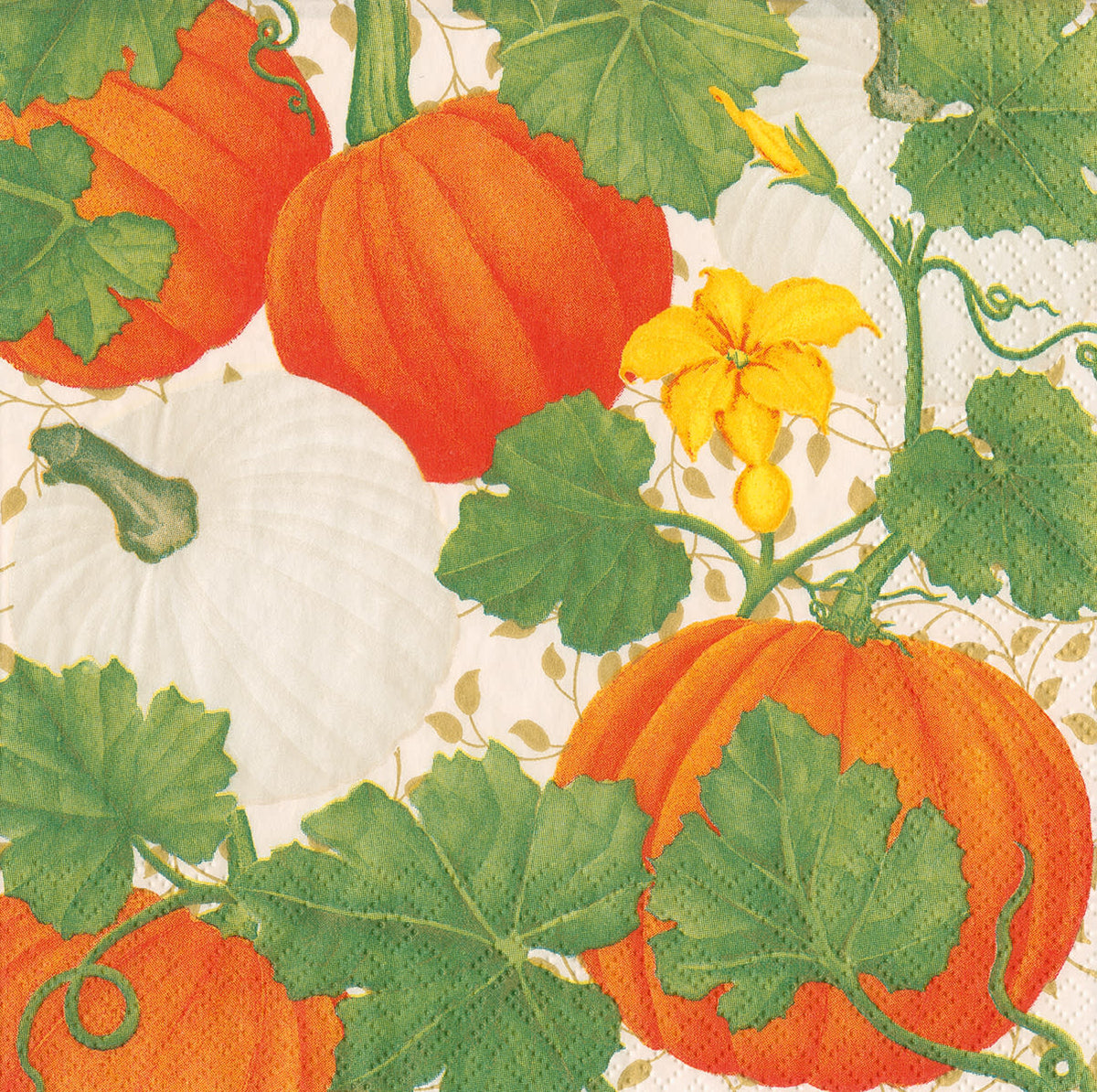 White triple-ply cocktail napkin featuring a pumpkin chintz pattern with orange and green autumn motifs.