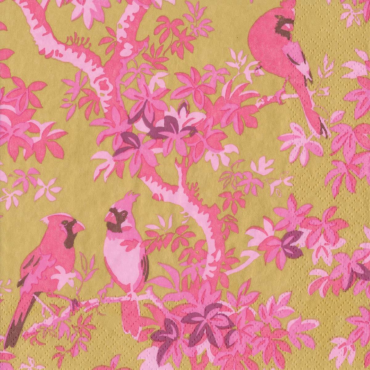 Packaged Caspari cocktail napkins featuring a scenic songbird pattern in rose gold tones on triple-ply material.