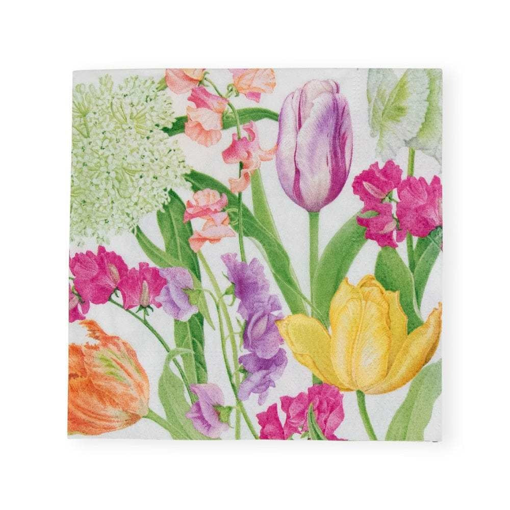 Triple-ply cocktail napkins with a spring flower print in pastel colors.