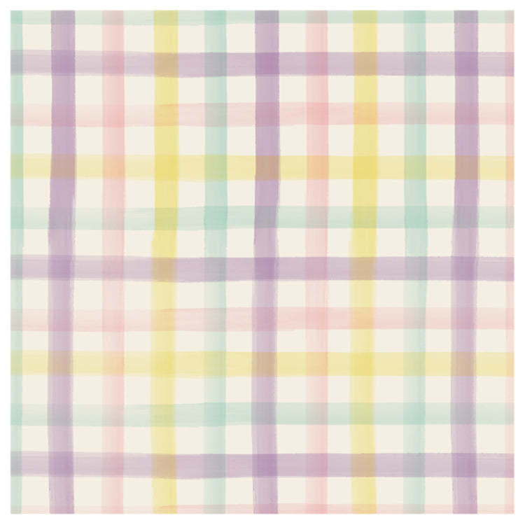 Triple-ply cocktail napkin with a spring plaid pattern in pastel colors.