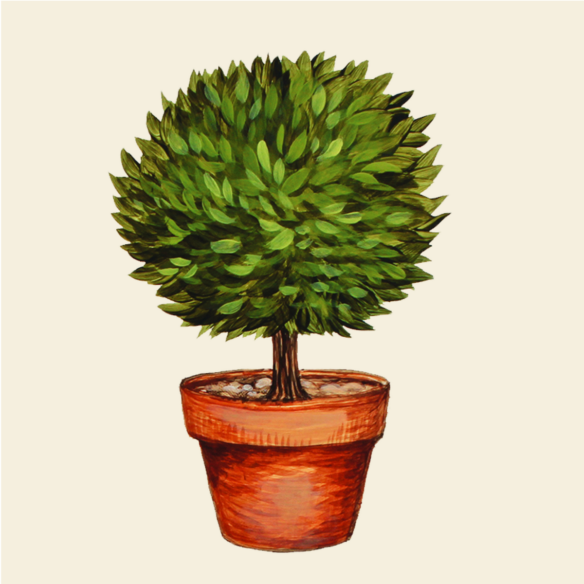 Folded cocktail napkin with a topiary tree design in green foliage on white paper.