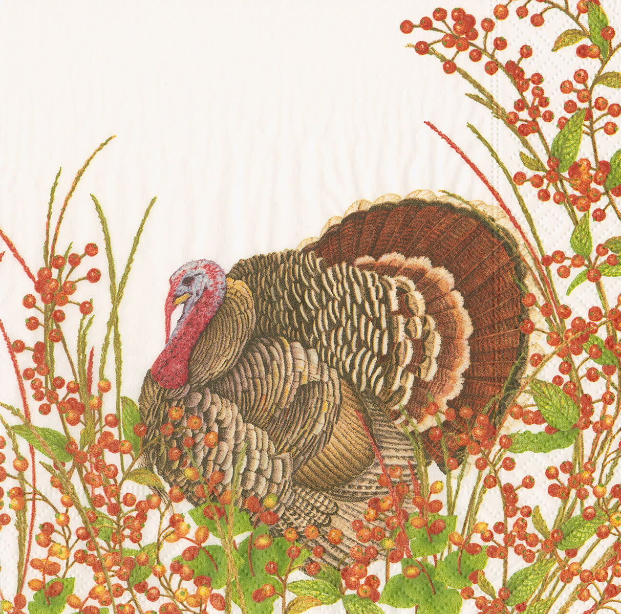 Triple-ply cocktail napkins featuring a turkey surrounded by red berries on an off-white background.