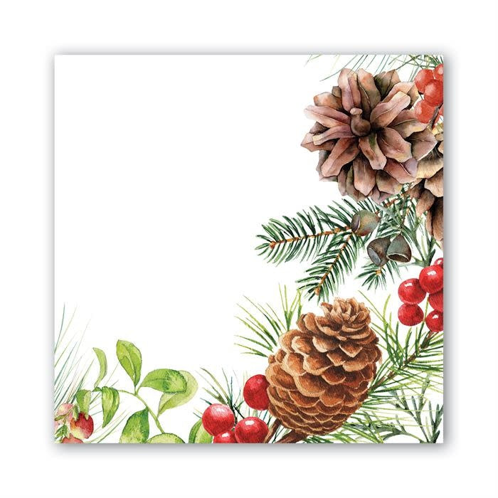 White triple-ply cocktail napkin with a spruce green botanical pattern.