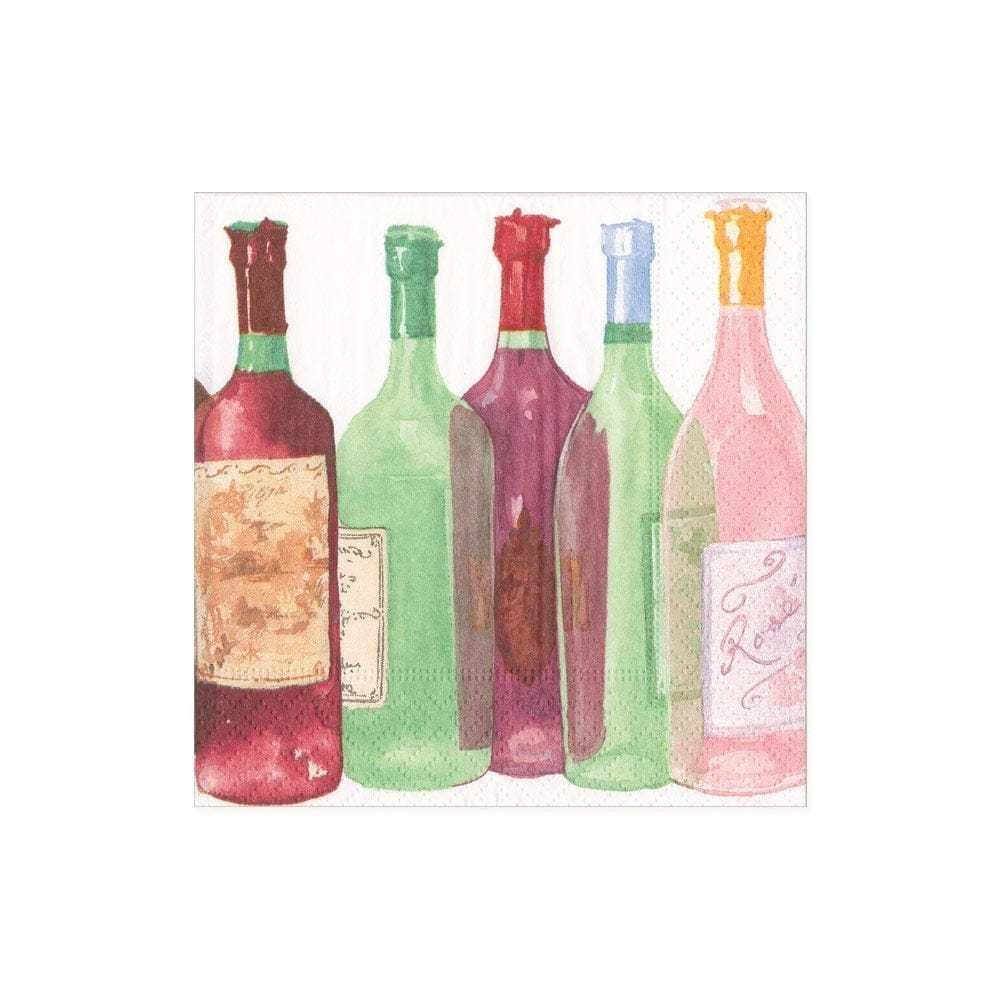 Triple-ply cocktail napkins printed with wine bottle designs on a white background.