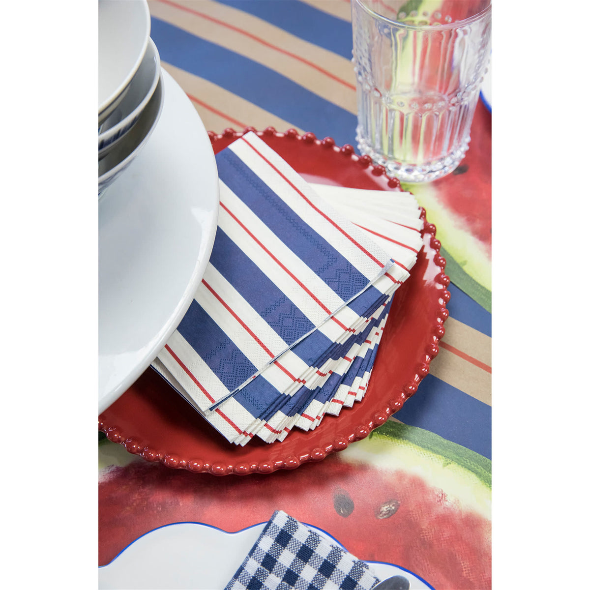 Stack of white cocktail napkins measuring 4.9 inches when folded.
