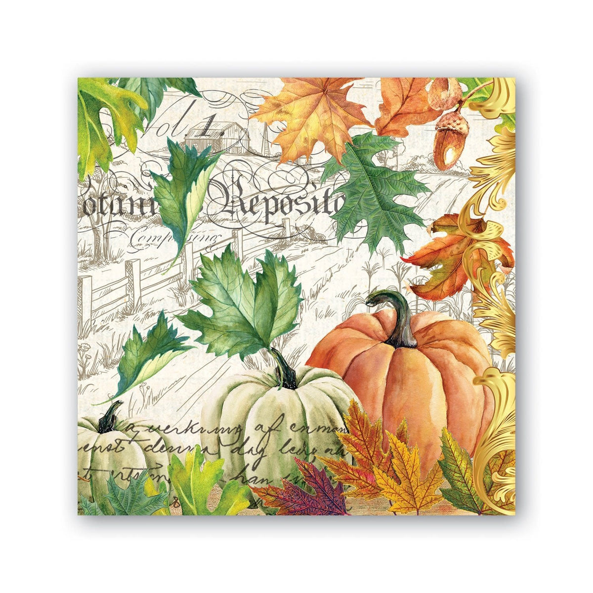 Packaged Caspari triple-ply cocktail napkins featuring museum artwork designs.