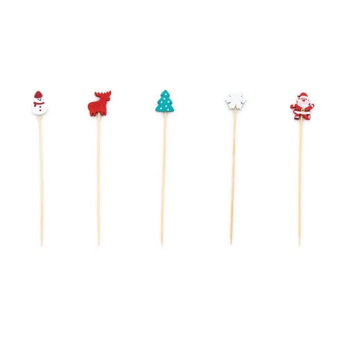 Holiday-themed bamboo cocktail picks in a gift box