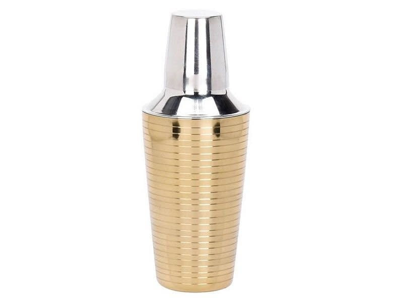 Stainless steel cocktail shaker with a sleek cylindrical shape.